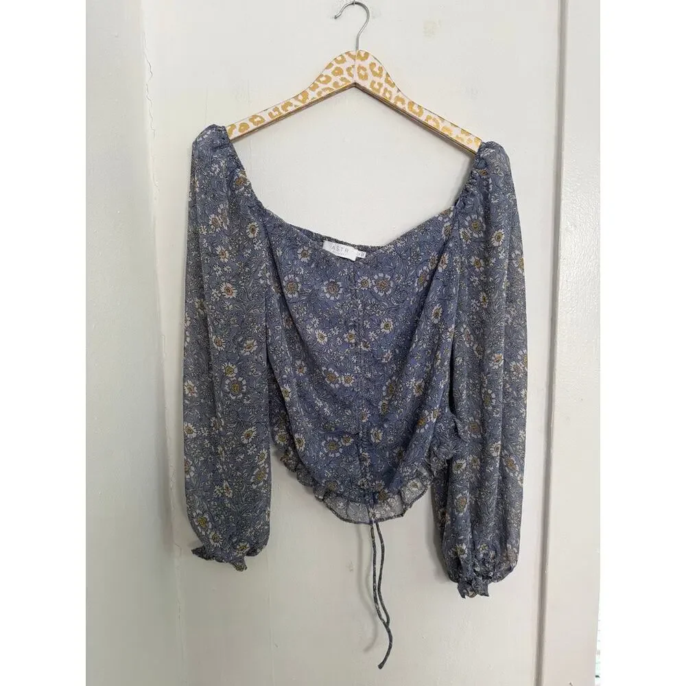 ASTR Love Song Floral Ruched Puff Sleeve Blouse | Size Large